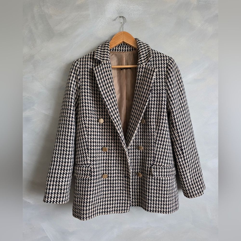 Defacto Houndstooth Black Tan Oversized Fit Tweed Blazer Sz 36 Double Breast - Picture 1 of 8